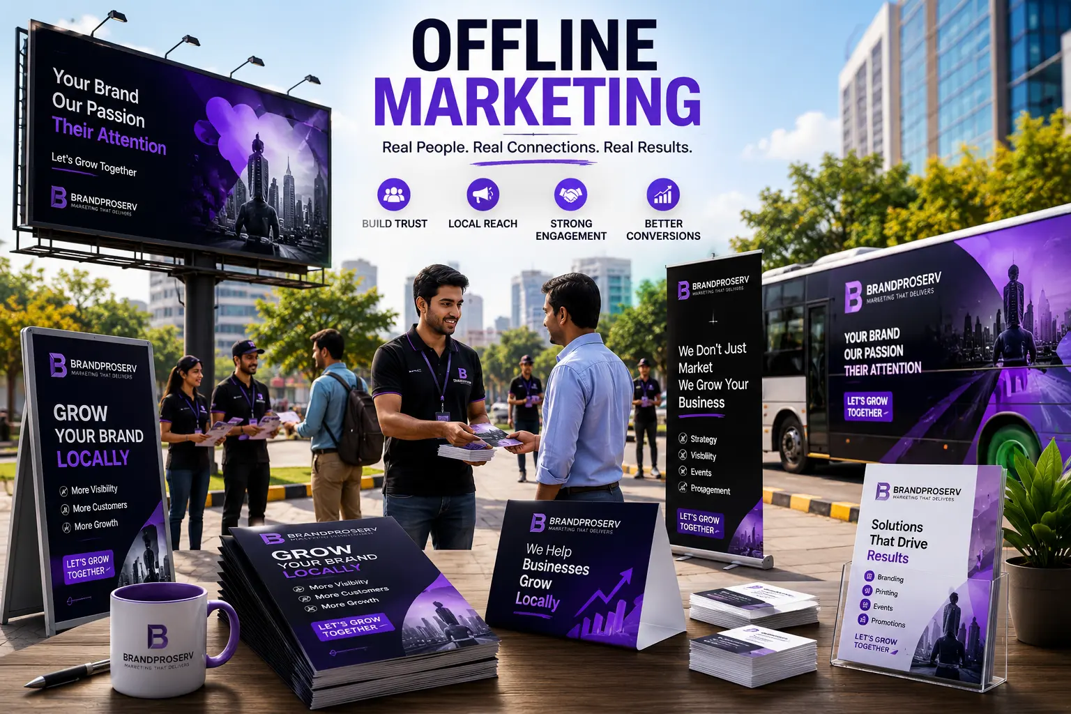 BrandProServ offline marketing — billboards, autofleet, street boards, and branded collateral